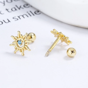 925 silver gold-plated sun stud earrings with blue zircon and threaded backings
