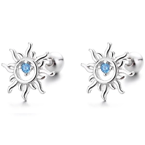 925 silver sun stud earrings with blue gemstone and screw back ball closure