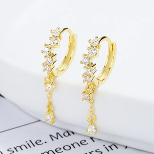 925 silver gold teardrop tassel hoop earrings with sparkling cubic zirconia crystals