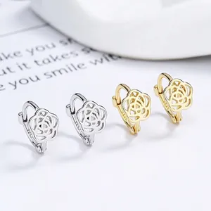 925 Sterling Silver Camellia Flower Hoop Earrings For Women Minimalist Hollow Rose Floral Huggie Earrings Jewelry Gift