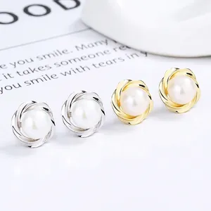 Artificial Pearl Stud Earrings With 925 Sterling Silver Earring Post French Vintage Spiral Petal Design Elegant Jewelry For Women