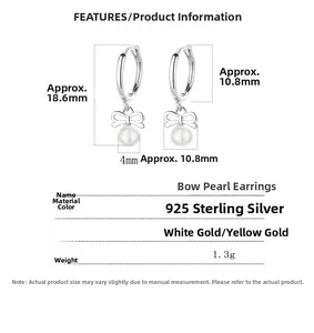 Detailed size specifications for silver bow pearl earrings featuring 925 sterling silver
