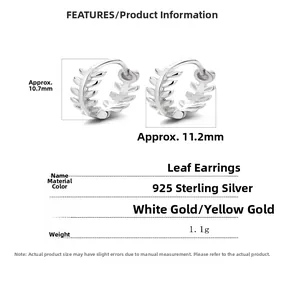 Dimensions détaillées des créoles feuilles en argent 925 sterling or et argent