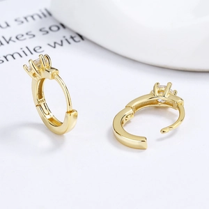 925 silver gold-plated six-claw huggie earrings with clear round cubic zirconia