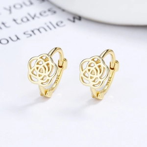 Elegant gold hollow camellia hoop earrings in 925 sterling silver with floral design