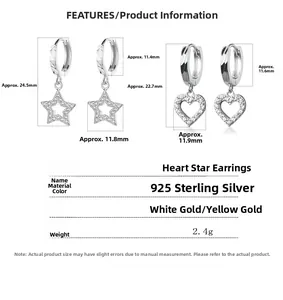 Detailed size chart for 925 silver star and heart hoop earrings with dimensions