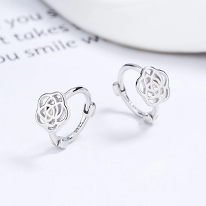 925 sterling silver hoop earrings with hollow camellia flower design and S925 stamp