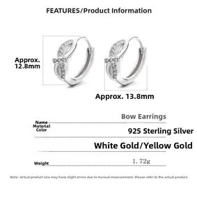 Detailed size specifications and features table for 925 sterling silver bowknot earrings