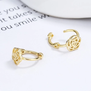 925 silver camellia flower hoop earrings in gold with elegant hollow rose petal design