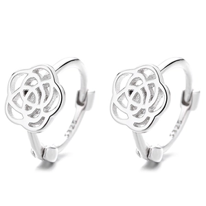 Elegant S925 sterling silver hollow camellia hoop earrings with floral openwork design