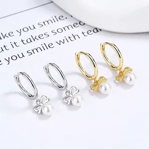 Bowknot Artificial Pearl Hoop Earrings With 925 Sterling Silver Earring Post Elegant Simple Dangle Jewelry For Women