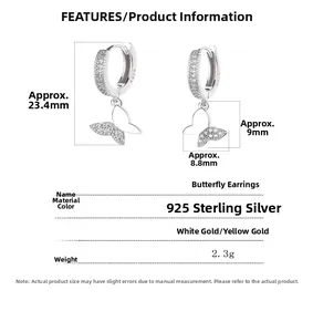 Macro view of 925 sterling silver butterfly earrings with precise size measurements