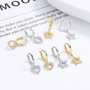 925 Sterling Silver Heart Star Hoop Earrings For Women Elegant Elegant Rhinestone Micro Pave Huggie Earrings Fashion Jewelry