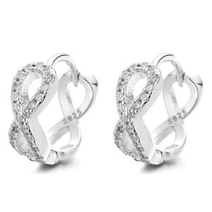 S925 sterling silver infinity heart hoop earrings with white zircon accents in silver
