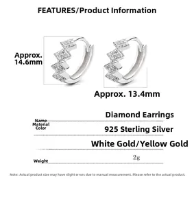 Detailed size chart for 925 sterling silver geometric rhombus earrings measuring 14.6mm