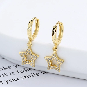 925 silver star hoop earrings in gold with quilted texture and zircon stones