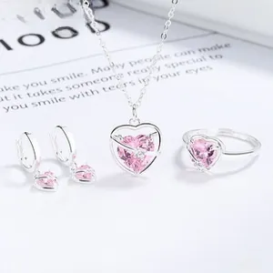 Exquisite 925 silver jewelry set with pink heart stones and star-inspired details