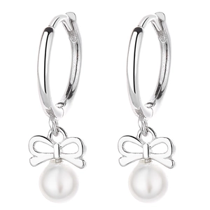 925 silver hoop earrings with elegant ribbon bow design and white pearl pendants