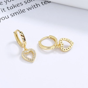925 silver gold plated hoop earrings with zircon heart pendant and S925 hallmark