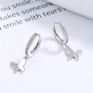 Elegant 925 sterling silver butterfly hoop earrings with sparkling zircon stones