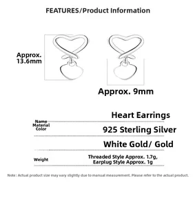 Detailed size and weight chart for 925 sterling silver heart stud earrings in two colors