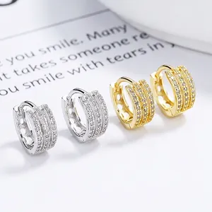 925 Sterlingsilber Dreireihige Strass Creolen Für Damen Leichte Geometrische Mikro Pavé Huggie Ohrschmuck