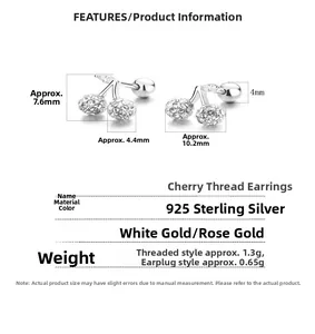 Détail des boucles d'oreilles cerise en argent 925 avec dimensions et strass brillants