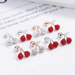 Boucles d'Oreilles Clous Cerise en Argent Sterling 925 pour Femme Plaquées Or Rose Platine Strass Shamballa Fruits Bijoux