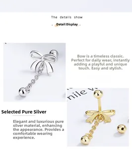 Detail showing 925 sterling silver bow tassel earrings in gold and silver finishes