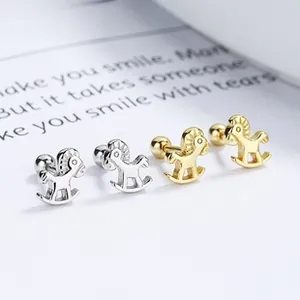 Detailed view of 925 silver rocking horse stud earrings with secure screw back design