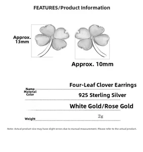 Detailed specs of 925 sterling silver four-leaf clover earrings with opal and size info