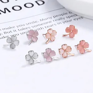 925 Sterling Silver Four Leaf Clover Stud Earrings For Women Cute Heart Cat Eye Stone Rhinestone Screw Back Earrings Hypoallergenic Jewelry Gift