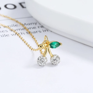 925 silver gold-plated cherry necklace with sparkling rhinestones and green gems