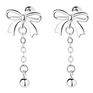925 sterling silver bowknot tassel stud earrings with polished round bead drops for women