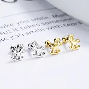 Boucles d'Oreilles Clous Cheval à Bascule en Argent Sterling 925 Fermoir à Vis Plaqué Or Argent Bijoux pour Femmes