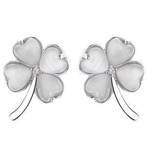 925 Sterling silver four-leaf clover stud earrings with white inlay and center zircon