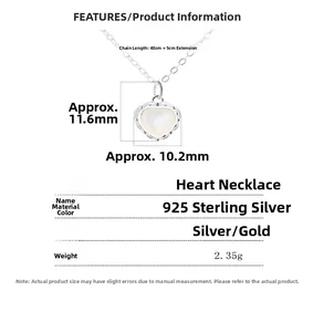 Détails et dimensions du collier cœur en argent 925 avec nacre blanche et chaîne de 40cm