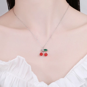 Elegant 925 sterling silver cherry pendant necklace with sparkling crystal pave stones