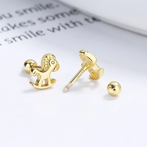 Boucles d'oreilles cheval à bascule en argent 925 doré avec fermoir à vis