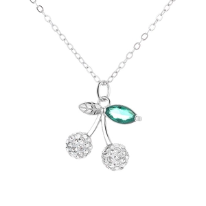 S925 sterling silver cherry pendant necklace with white crystals and green gemstone leaf