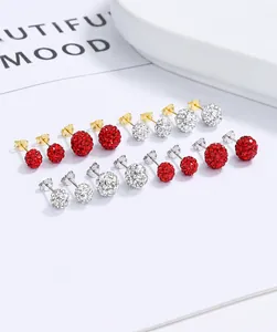Set of 10 pairs Shamballa style paved crystal ball stud earrings in red and white