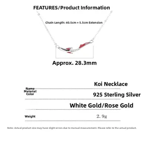 Detailed spec sheet showing 925 sterling silver koi fish necklace with pink enamel details