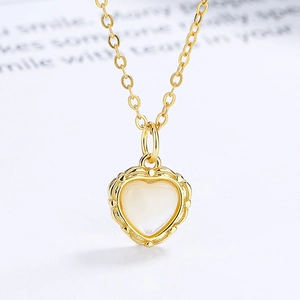 Collier cœur en argent 925 avec pendentif en nacre et cadre doré de style vintage