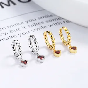 925 Sterling Silver Heart Pendant Hoop Earrings For Women Beaded Red Rhinestone Dangle Earrings Light Luxury Simple Jewelry