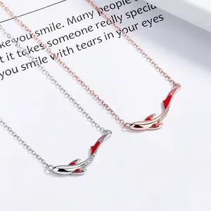 925 Sterling Silver Lucky Koi Fish Pendant Necklace With Red Enamel And Rhinestone For Women Valentine Gift Fashion Jewelry