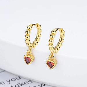 925 silver gold-plated heart hoop earrings with red zircon and beaded texture