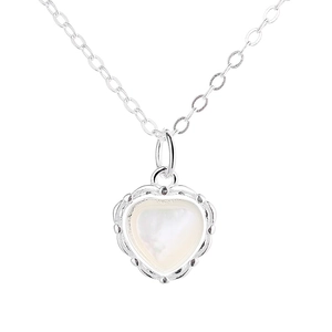 Collier vintage français en argent 925 avec pendentif cœur en nacre blanche