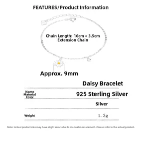 Detailed specs of S925 sterling silver daisy bracelet with 16+3.5cm chain and 9mm pendant