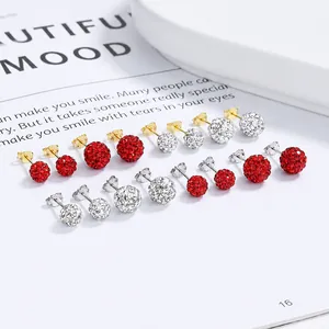 925 Sterling Silver Shamballa Ball Stud Earrings For Women Korean Fashion Rhinestone Crystal Pave Geometric Disco Jewelry