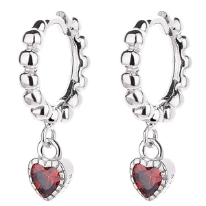 Elegant 925 sterling silver heart earrings featuring red zircon pendants on white background